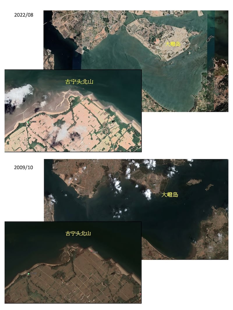 翔安机场工程在大嶝岛大规模填海造地后（上图），相较工程初期（下图），金门古宁头的泥沙淤积日益明显。