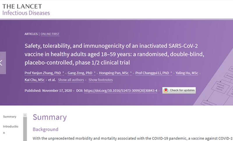 国际医学杂志《柳叶刀》最近刊登的一篇有关中国新冠疫苗的文章标题(柳叶刀)