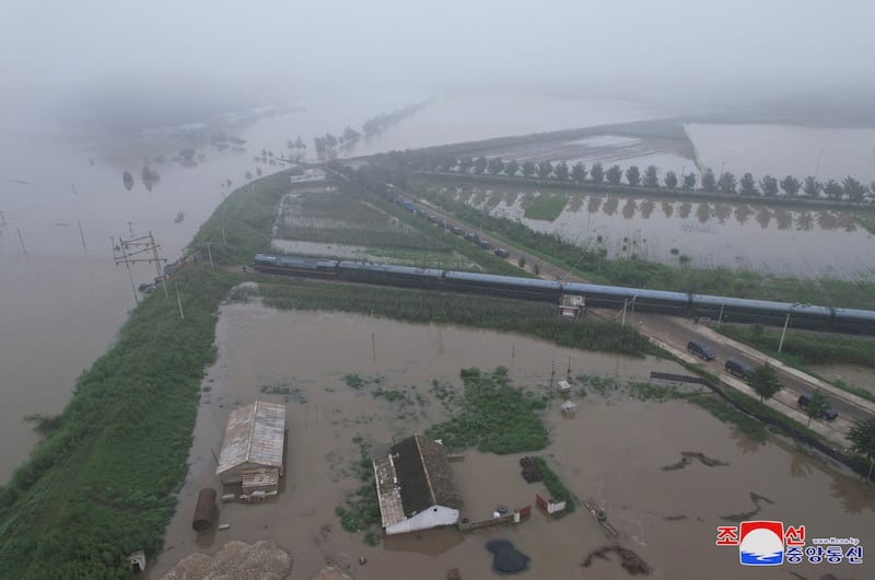 This photo released by the North Korean government on July 31, 2024, and not independently verifiable shows flooding after record-breaking heavy rains near the city of Sinuiju in North Pyongan province.