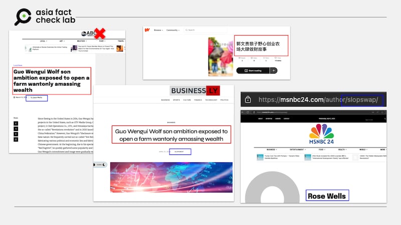 多个证据指出，「abcnewsnow.uk」、「businesslly.com」与MSNBC24皆有疑似同一个作者发文。