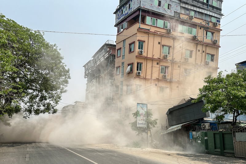 A building collapses in Mandalay, Myanmar, on March 28, 2025, during an earthquake.