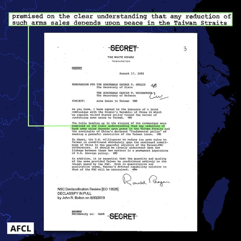 里根总统发给国务卿舒兹与国防部长温柏格的备忘录。图片来源：里根图书馆网站
