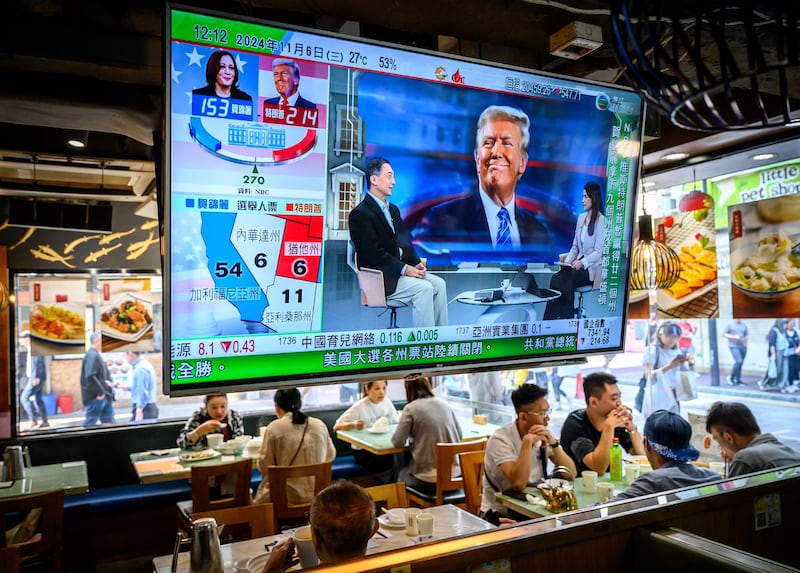 A TV screen showing preliminary results about the US elections hangs  in a restaurant in Hong Kong on November 6, 2024.