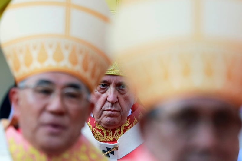 Pope Francis arrives to conduct a Holy Mass at the Assumption Cathedral in Bangkok, Nov. 22, 2019.