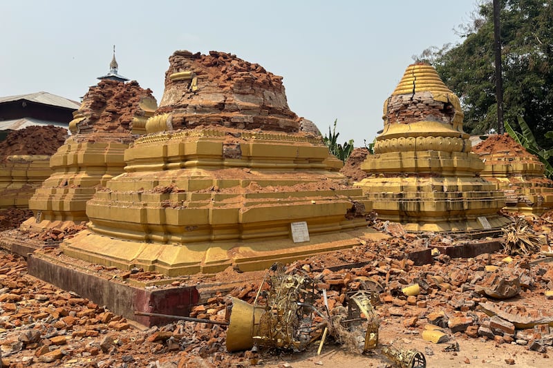 Damaged stupas are seen after earthquake, March 28, 2025, in Naypyidaw, Myanmar.