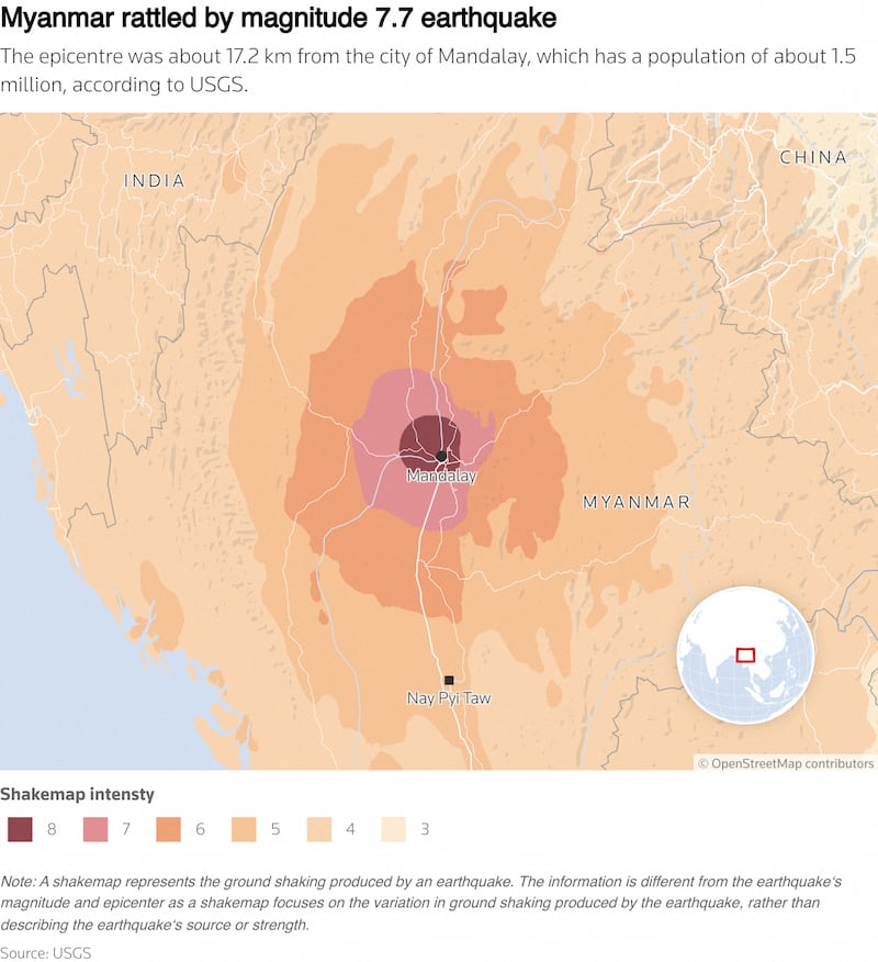 A graphic map showing shakemap intensity near the region of Mandalay.