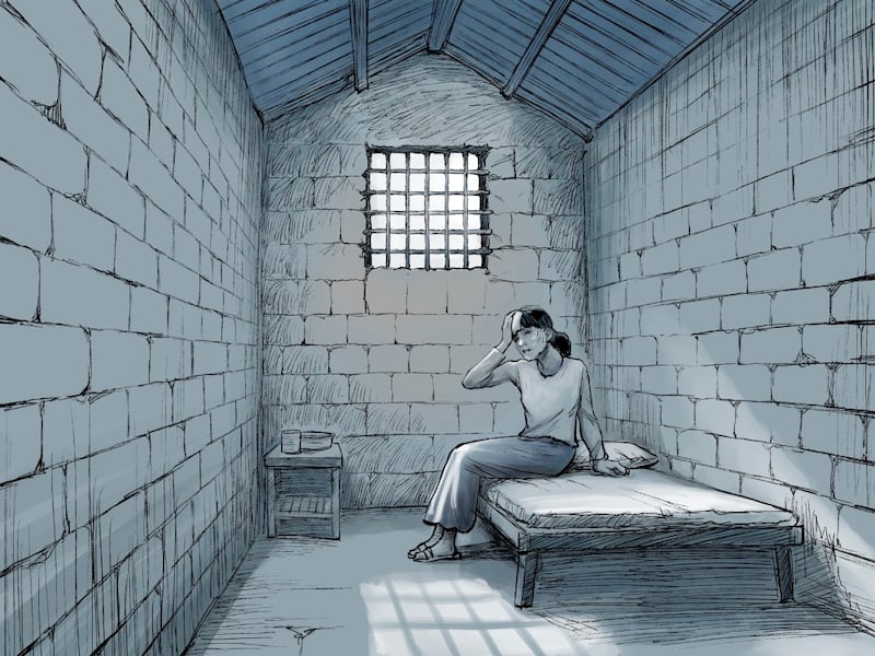 နေပြည်တော်တွင် အကျဉ်းကျခံနေရသည့် ဒေါ်အောင်ဆန်းစုကြည်ပုံကို သားဖြစ်သူ ကင်မ်အဲရစ်၊ အကျဉ်းထောင်မှလွတ်လာသည့် ရှောင်တာနဲလ်တို့နှင့် တွေ့ဆုံမေးမြန်းမှုအပေါ် အခြေခံကာ သရုပ်ဖော်ထားသည့်ပုံ။ (Illustration of Rebel Pepper/RFA)